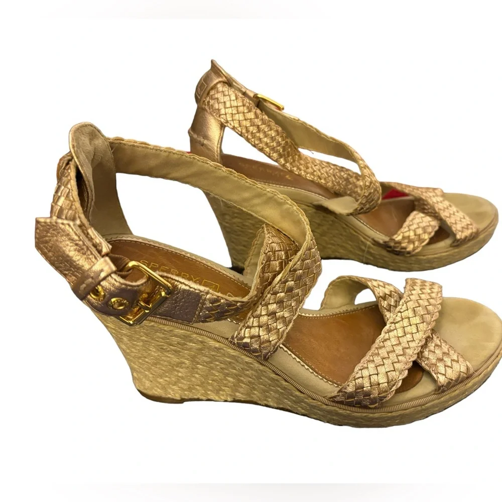 Sperry Women’s Gold Top-Sider Wedge Leather Gold Ankle Strap Espadrille Size 8.5